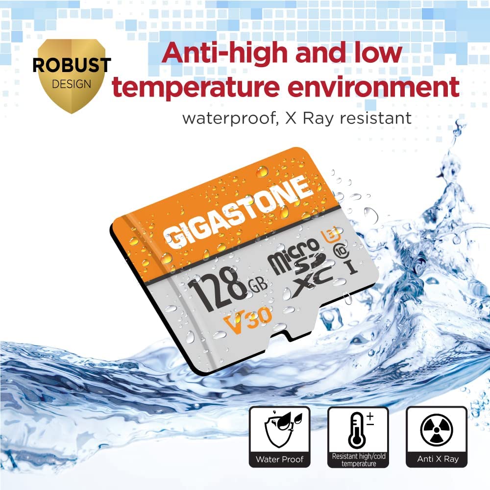 Gigastone 128GB memory card 2-pack for GoPro, drones, Samsung Sony, high-speed 4K UHD video, A1 U3 C10 MicroSDXC+SD adapter.