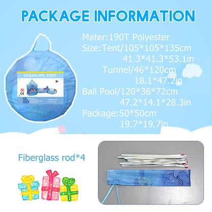 Benebomo 3 in 1 play tent with tunnel, kids tent with tunnel, Blue Ocean children's tent, crawl tunnel with tent, large garden playhouse tent, for girls indoors and outdoors.