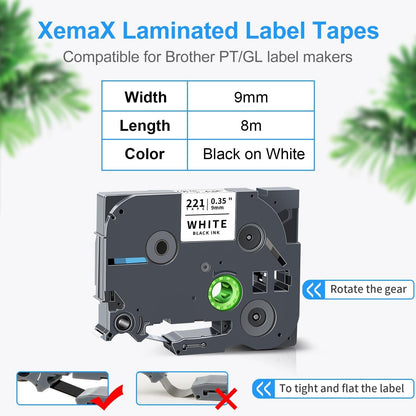 8x XemaX label tape Compatible for Brother P-touch tapes 9mm TZe-221 TZ-221 font tapes Black on white label cassette for Brother P-Touch PT-1010 E110 H100R H110 H101C H108 E100 H100LB