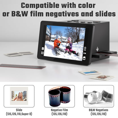 Digital film and slide scanner with large 5-inch LCD display, converts 135, 126 KPK, 110 negatives, color and black-and-white slides, and Super 8 film into 22 MP JPEG images.
