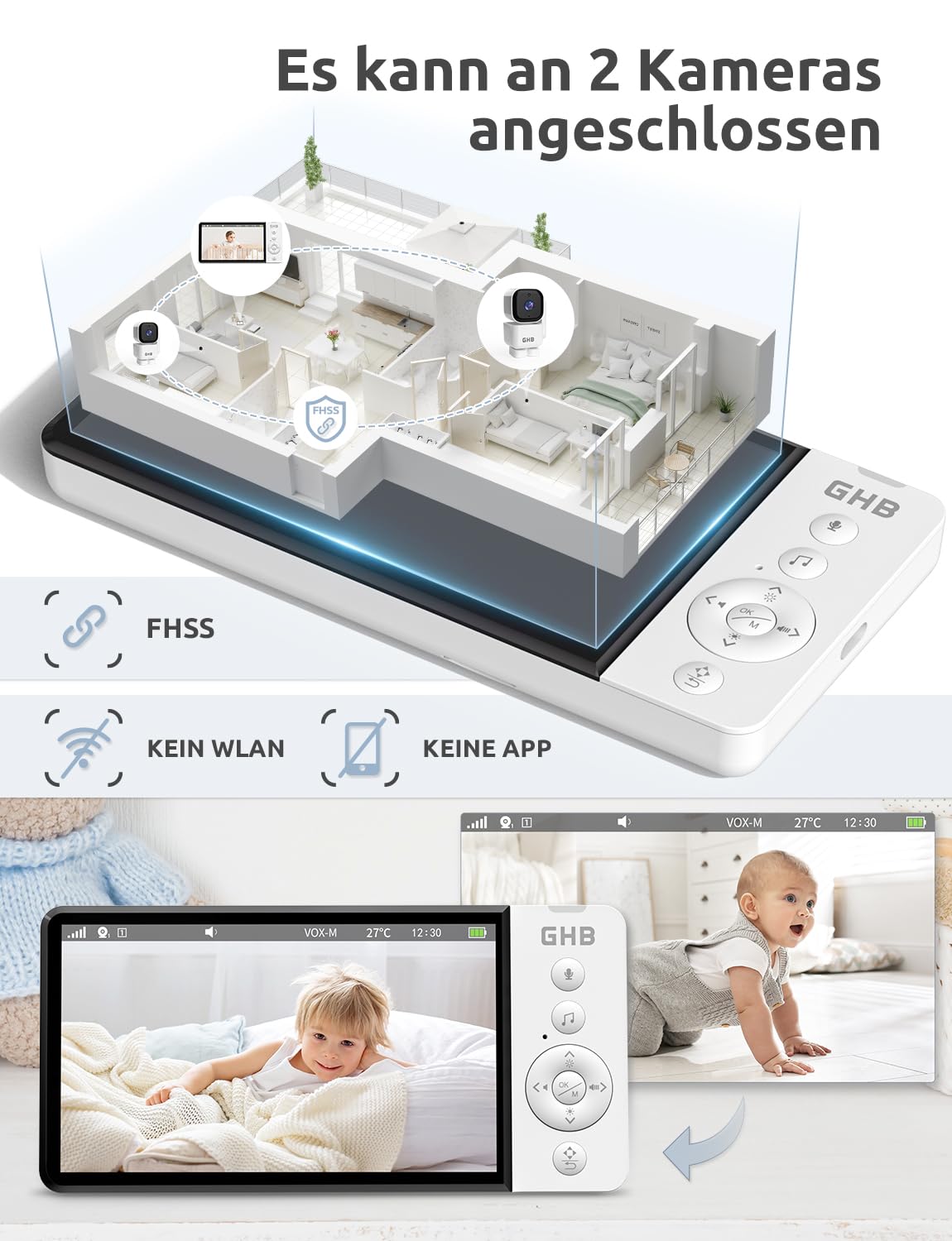 GHB baby monitor with camera 5 inch 350° rotation 5000mAh night vision VOX mode digital zoom two-way talk temperature display 720p ABM720