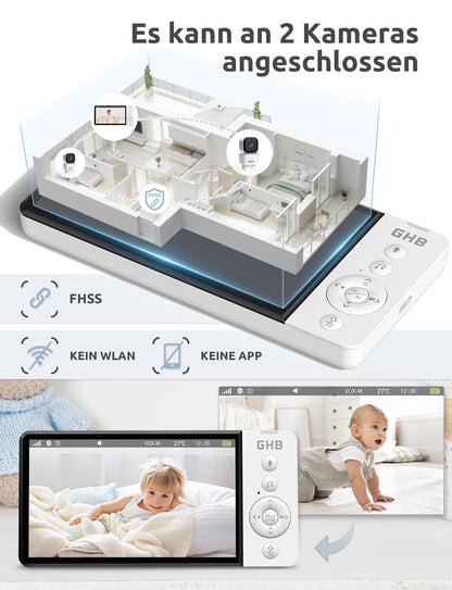 GHB baby monitor with camera 5 inch 350° rotation 5000mAh night vision VOX mode digital zoom two-way talk temperature display 720p ABM720