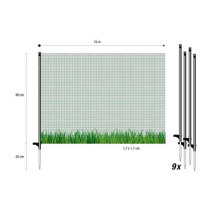 Horizontal boundary fence FLEX, 15m long & 90cm high, close-meshed, mobile special fence with 9 separate fiberglass posts, garden net, dog fence, barrier fence, for camping.