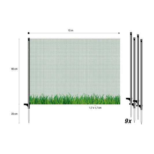 Horizontal boundary fence FLEX, 15m long & 90cm high, close-meshed, mobile special fence with 9 separate fiberglass posts, garden net, dog fence, barrier fence, for camping.