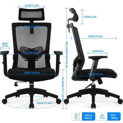 Daccormax Office Chair Ergonomic, Desk Chair with Adjustable Headrest, Armrests, Lumbar Support, Swivel Chair Tilt Function, Executive Chair made of Mesh, Back-friendly, Office Chair 150kg