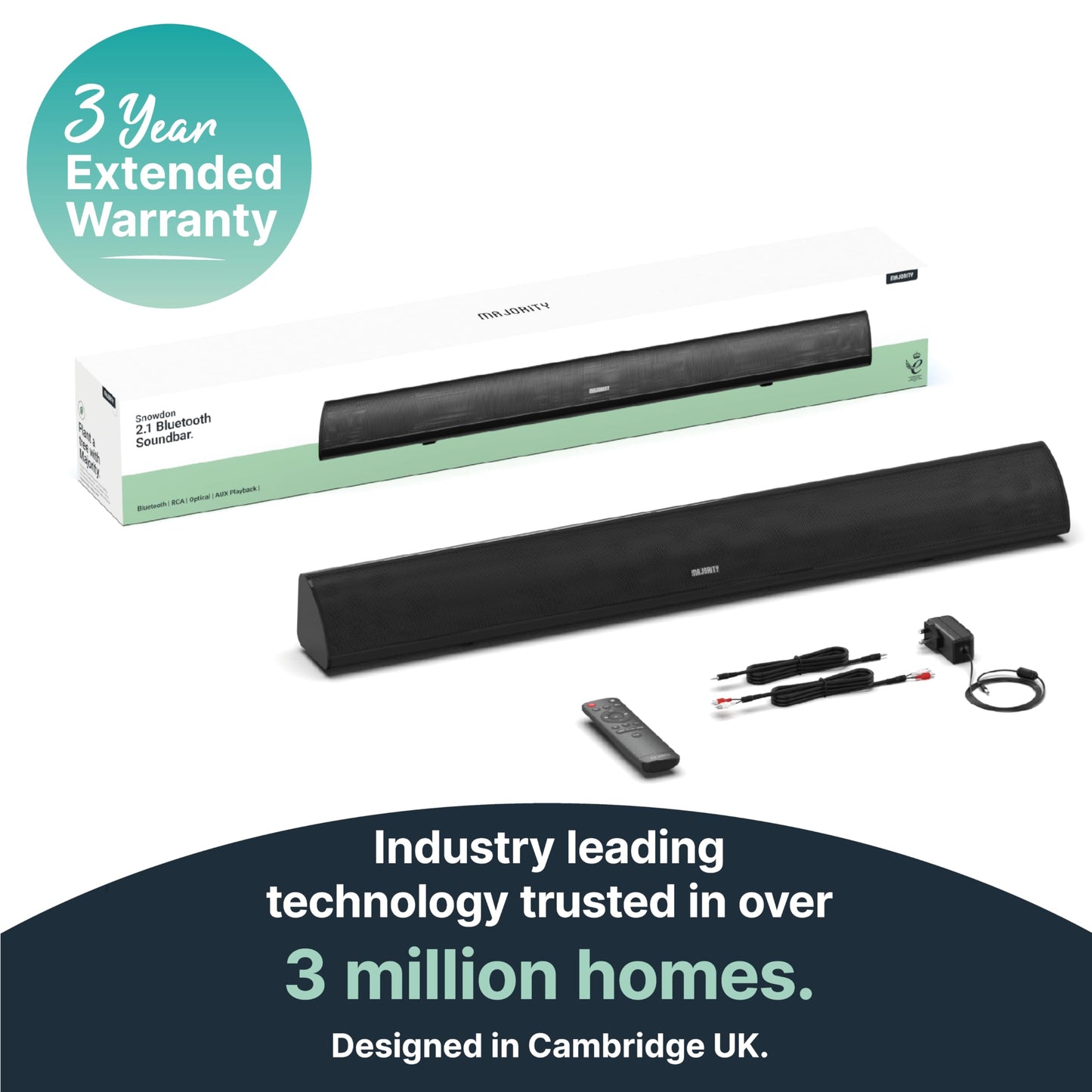 MAJORITY Snowdon Soundbar for TV | 120W 2.1 speaker with integrated subwoofer | Bluetooth | 81CM Sound Bar (White)