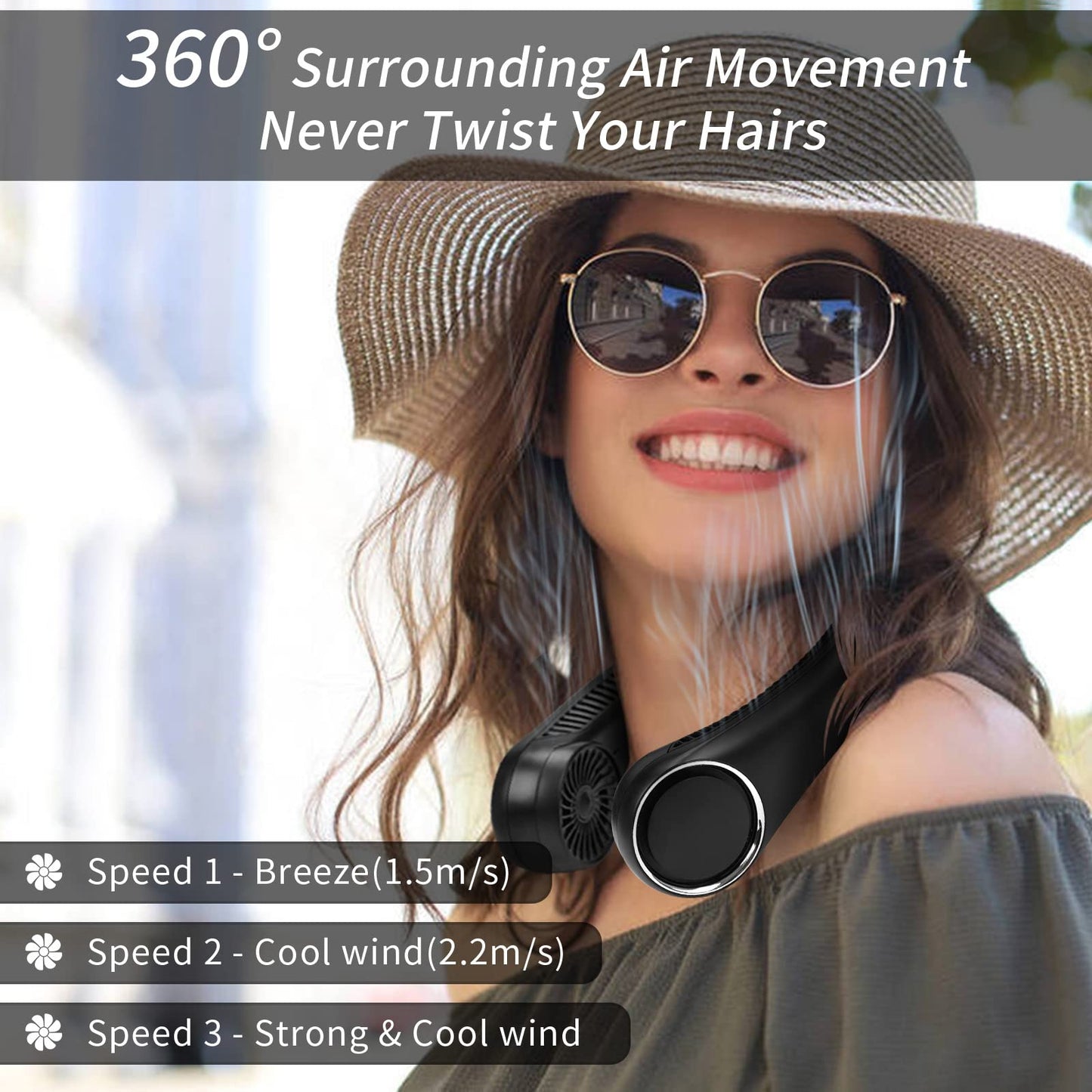 Venforze Portable Rechargeable 4000mAh Neck Fan Lazy Wearable Fan, Quiet 3 Speeds, 6 Hours Runtime, Suitable for Office, Travel, Sports