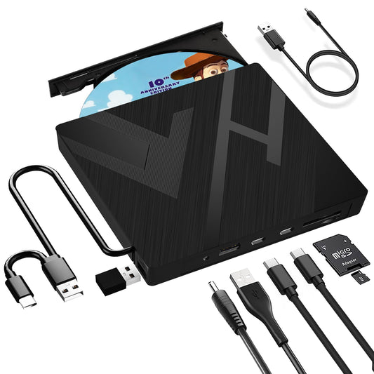 "JBonest External CD DVD Drive USB 3.0 Type-C, External with SD/TF Card Reader Portable RW Burner, Fast data transfer for Laptop, Desktop, MacBook, Win11/10/8/7/XP, Linux, Mac OS, Vista"