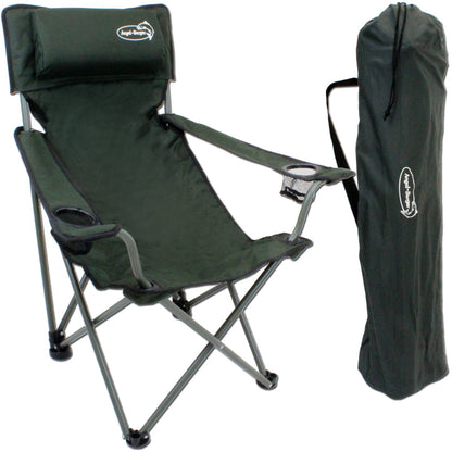 Luxury folding chair with drink holders, padding, and armrests in green.