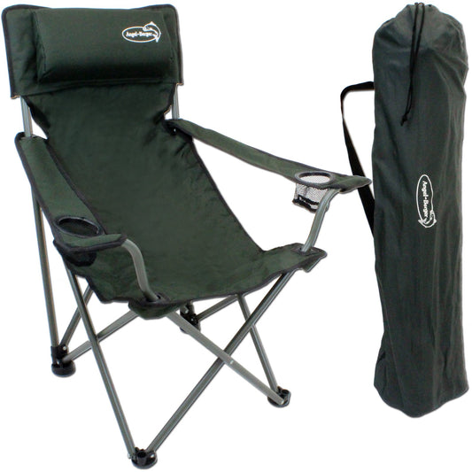 Luxury folding chair with drink holders, padding, and armrests in green.