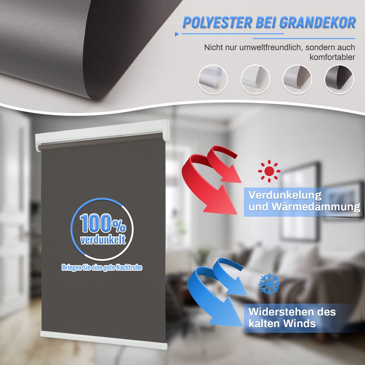 Grandekor Electric Blinds Interior, Blackout Roller Blind without drilling with remote control & Quiet Motor Dark Grey 90x130cm, Smart Blind for Windows with Metal Clamping Bracket, Thermal Roller Sun & Privacy Protection.