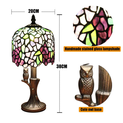 Kinbolas Tiffany Style Small Table Lamp, Vintage Lamp with Stained Glass Lampshades Wisteria and Owl Base, Art Nouveau Art Deco Nightstand Lamp for Bedroom, Country House 20cm / 8 inch with E14 LED Bulb (I-2)