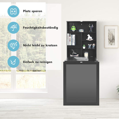 RELAX4LIFE Wall-Mounted Folding Table, Foldable Desk with Chalkboard & 6 Compartments, Multifunctional Fold-down Table, Wooden Wall-Mounted Table, Dining Table, Desk for Dining Room & Living Room & Kitchen (Black)