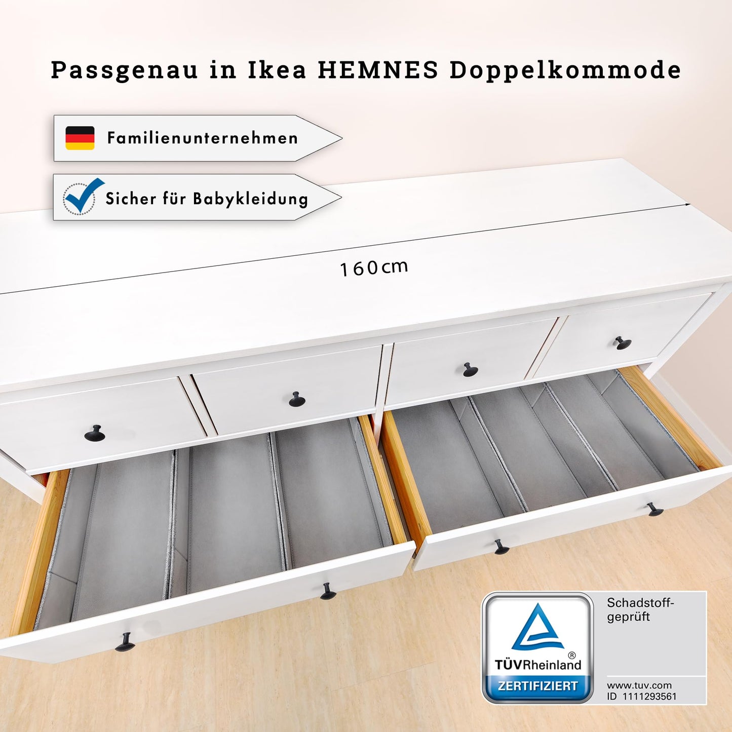 SIMPLE JOY® HEMNES DOUBLE FileFolding Box for IKEA HEMNES 160cm Double Dresser; Certified free of harmful substances, THE ORIGINAL; precise fit; Drawer organization system secure for baby clothing, changing needs; 6-piece set