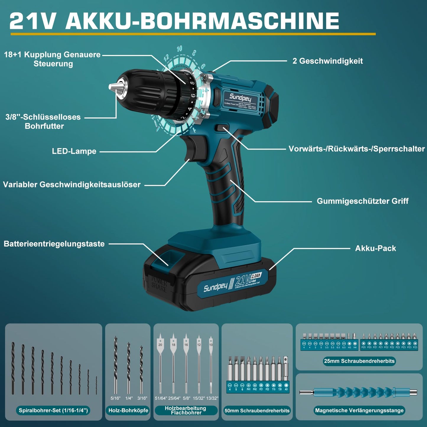 255-piece tool kit with 21V cordless drill - Sundpey cordless drill set with 2 * 2000mAh battery tool kit filled for home/car repairs Toolbox storage case with drawer