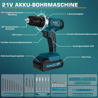 255-piece tool kit with 21V cordless drill - Sundpey cordless drill set with 2 * 2000mAh battery tool kit filled for home/car repairs Toolbox storage case with drawer