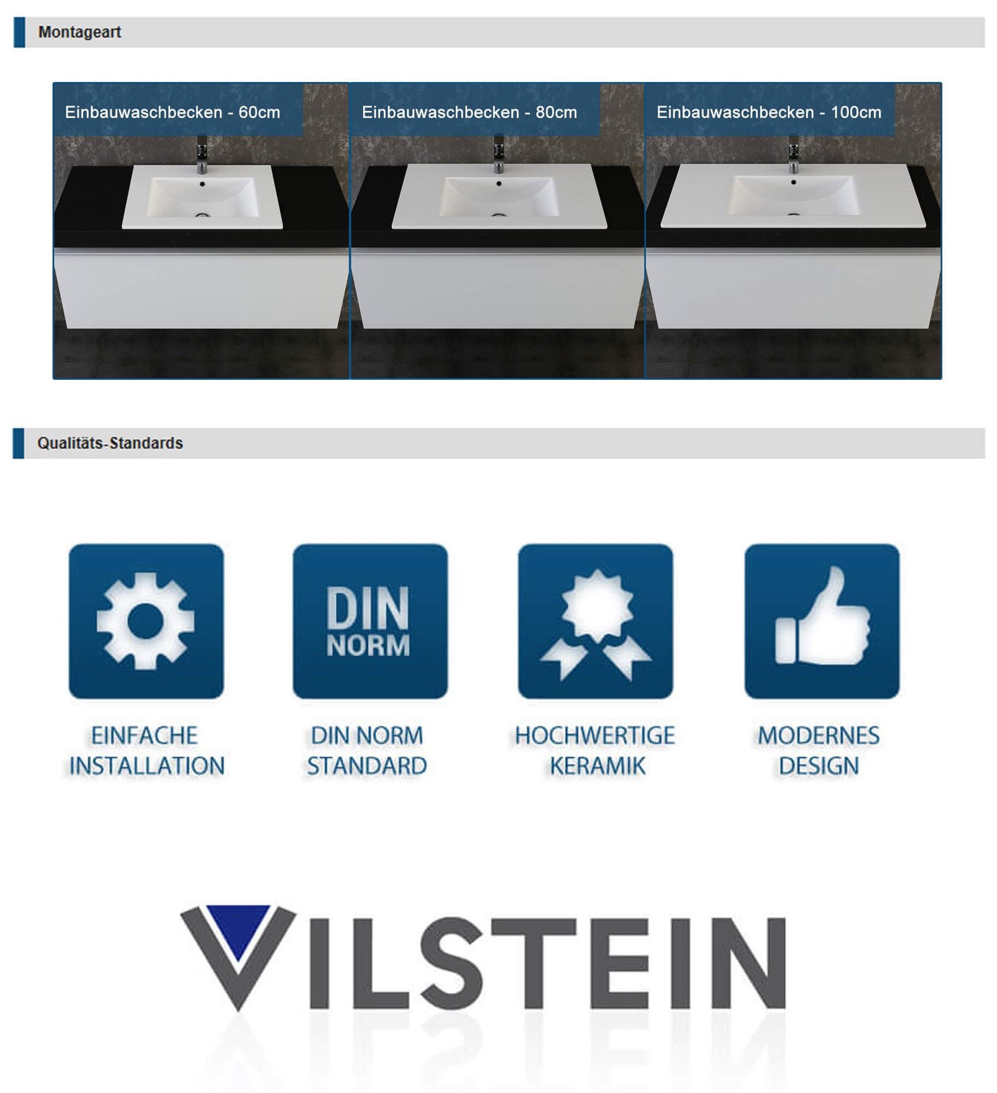 VILSTEIN® Ceramic Sink Square [100CM] - Countertop & Undermount Sink for Bathroom & Guest WC - Bathroom Vanity Sink - Sink Insert - Hand Wash Basin for Washbasin - Bathroom Sink