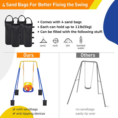 FUNLIO 2-in-1 Swing Set and Baby Door Jumper for toddlers, swing set for kids with 4 sandbags, foldable metal stand for indoor and outdoor use, easy to assemble and store.