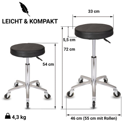 Staboos rolling stool up to 160 kg - gel cushion seat round - practice stool (premium castors) swivel stool height adjustable (55 cm to 75 cm) round stool