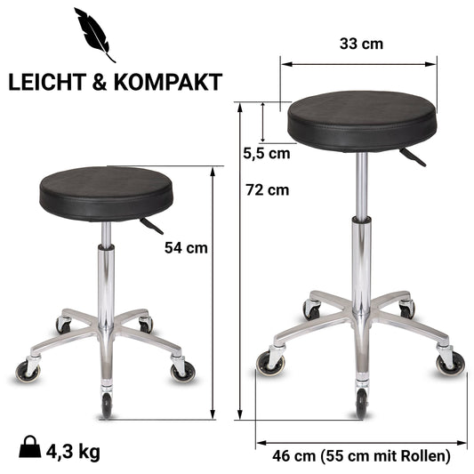 Staboos rolling stool up to 160 kg - gel cushion seat round - practice stool (premium castors) swivel stool height adjustable (55 cm to 75 cm) round stool