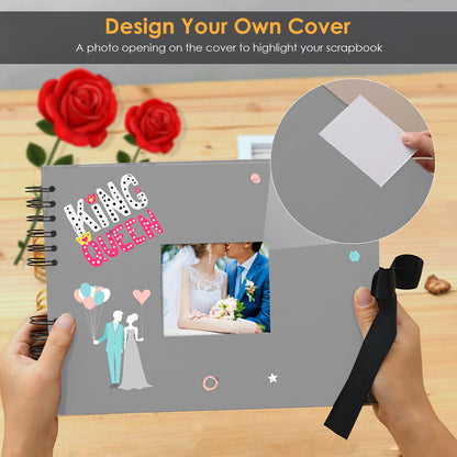 Photo album for self-design, scrapbook with 80 black pages for pasting photos, DIY gift scrapbooking set for baby family anniversary birthday valentine's day wedding with protective cones gray.