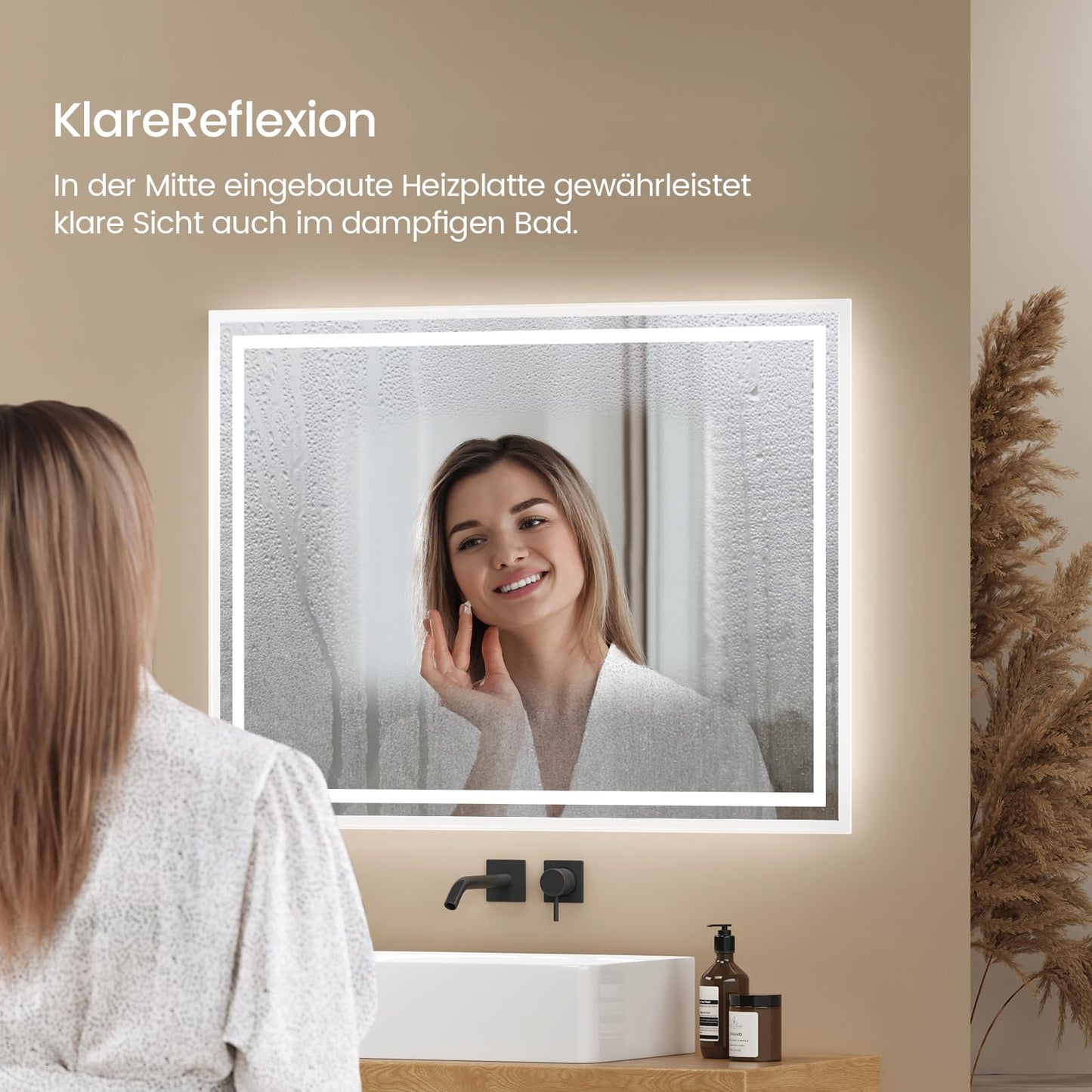 EMKE LED bathroom mirror 80x60cm LED wall mirror with warm white and cool white lighting Bathroom mirror with demister + touch control