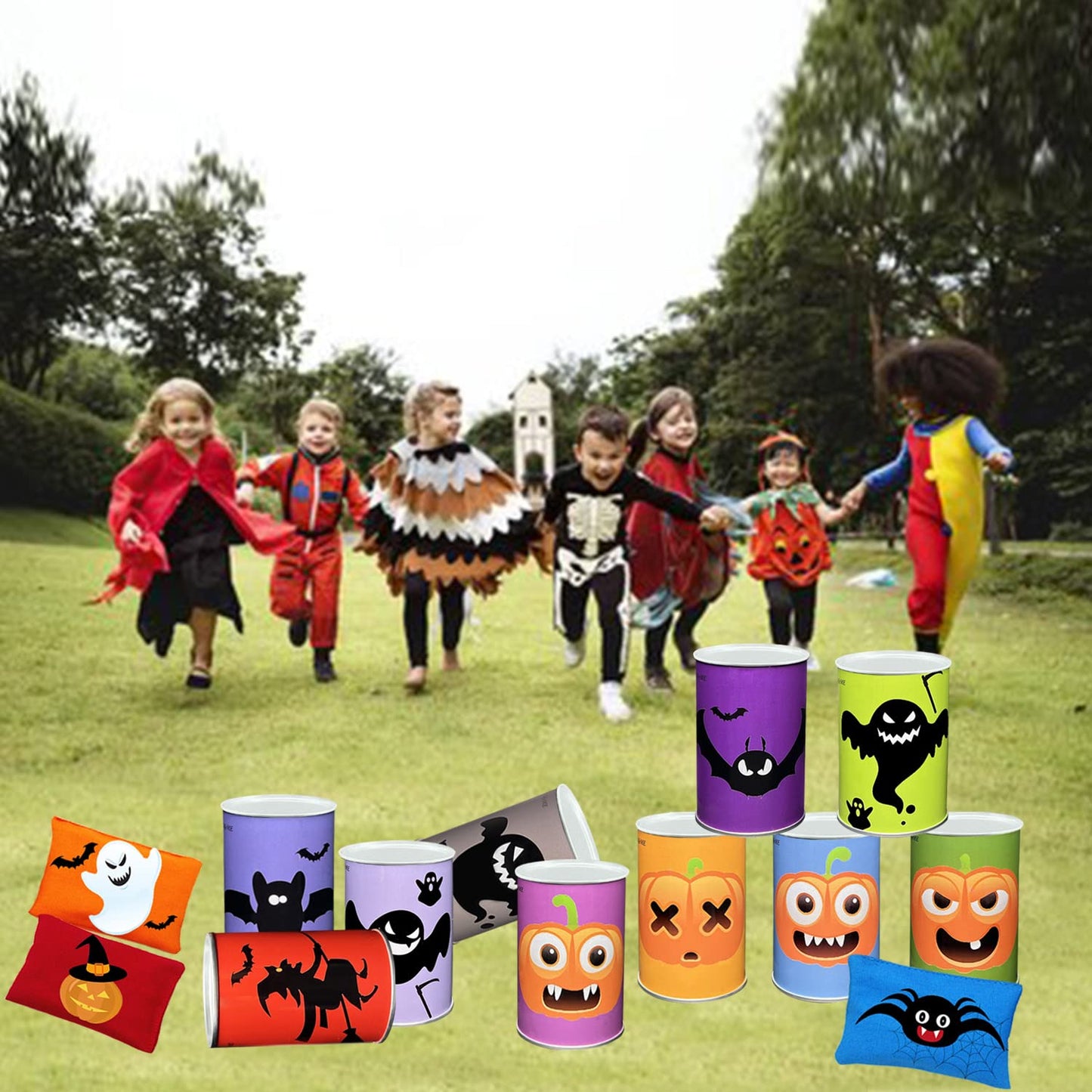 Ulifeme Kids Can Toss, can throwing game for children's birthdays & parties, Can Toss game gift with 10pcs Halloween-themed cans & 3pcs tossing bags set for kids & adults outdoor games.