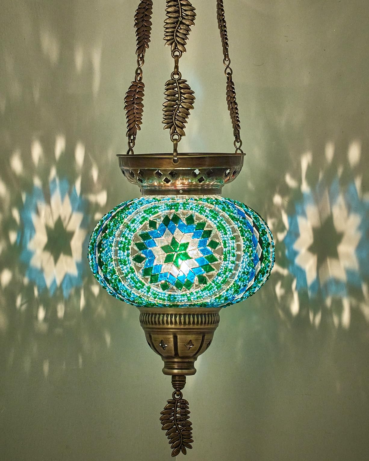 DEMMEX Turkish Moroccan colorful mosaic Bohemian boho hanging candle holder lantern with handmade colorful glass ball and metal leaf chains, 61 cm (Cutsie)