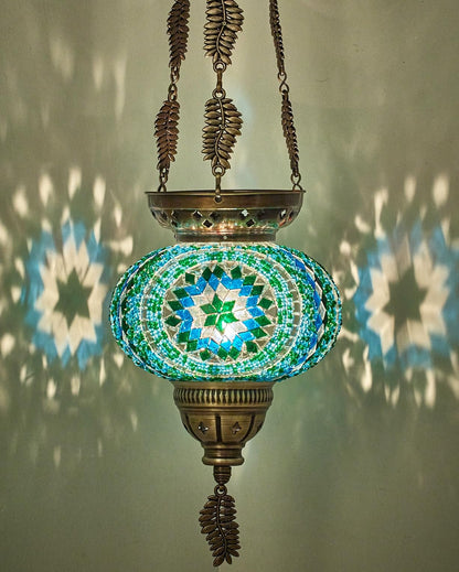 DEMMEX Turkish Moroccan colorful mosaic Bohemian boho hanging candle holder lantern with handmade colorful glass ball and metal leaf chains, 61 cm (Cutsie)