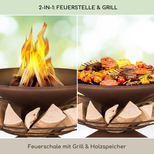 Blumfeldt Fire Pit, Weatherproof Fire Pit with Grill Grate & Spark Guard, Small Steel Fire Pits, Fire Pit with Grill for Patio & Garden, Fire Pit with Grill Ring & Stand, 55cm high