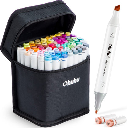 Ohuhu Marker Pen Set, Permanent Marker Set Chisel & Fine Double-Ended Art Sketch Twin Markers with Carry Bag for Painting, Coloring, Underlining, Ohuhu Series
