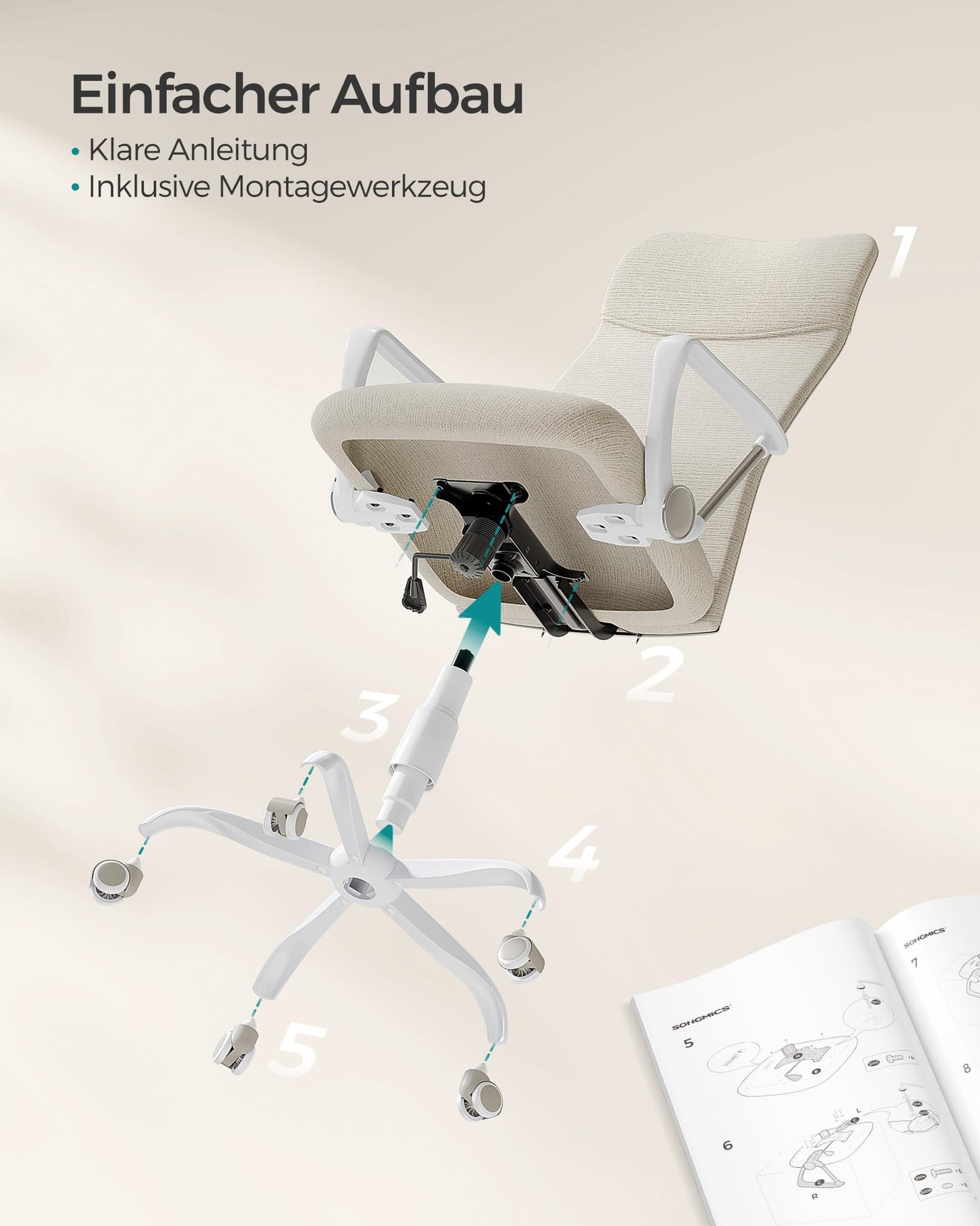 SONGMICS office chair, ergonomic desk chair, swivel chair, padded seat, height adjustable and tiltable, up to 120 kg load capacity, cappuccino beige OBN034K01