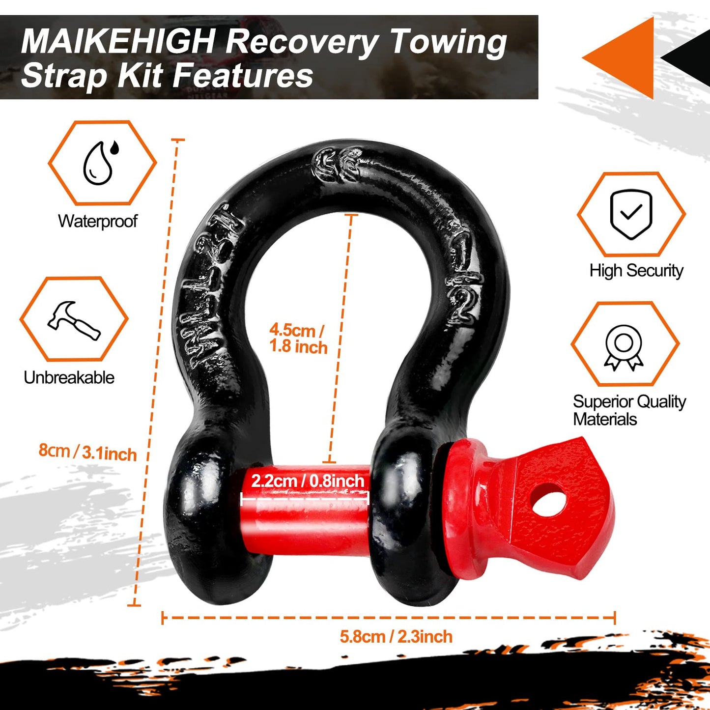 MAIKEHIGH Tow Strap 5M x 5cm, 10 Tonnes (22,000 Lbs) Polyester Tow Rope Kit For Off-Road Recovery With 2 Reinforced Hooks and 2 Gloves.
