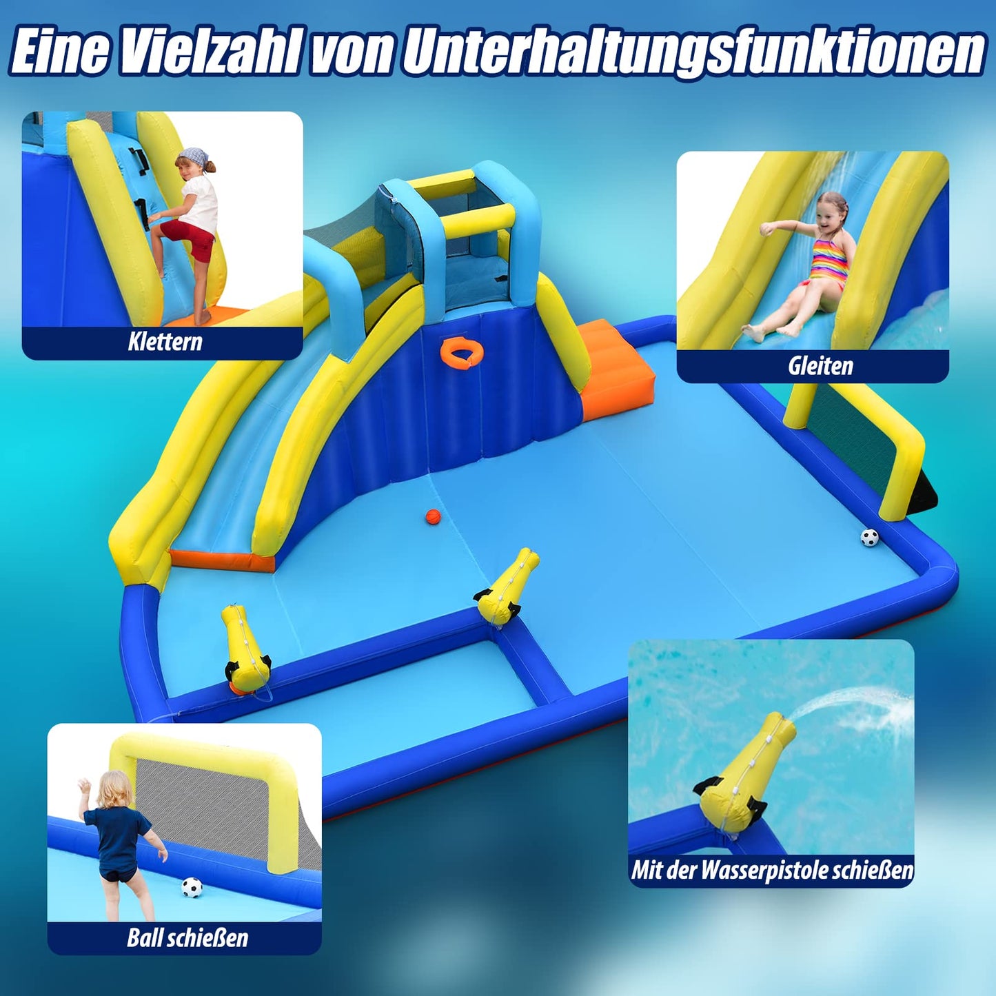 GOPLUS Inflatable Bounce House, Water Park with Slide & Climbing Wall & Water Gun & Soccer Goal, Kiddie Pool for Children 3-12 Years, Includes Carrying Bag, Repair Kit, 526x373x203cm (Excluding Blower)