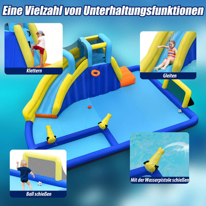 GOPLUS Inflatable Bounce House, Water Park with Slide & Climbing Wall & Water Gun & Soccer Goal, Kiddie Pool for Children 3-12 Years, Includes Carrying Bag, Repair Kit, 526x373x203cm (Excluding Blower)