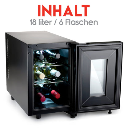 Alpina Wine Cooler 18L - Cooler for 6 bottles - Bottle chiller 230V - Temperature adjustable from 11°C to 18°C - Glass door and interior lighting - Low noise to silent operation - Black