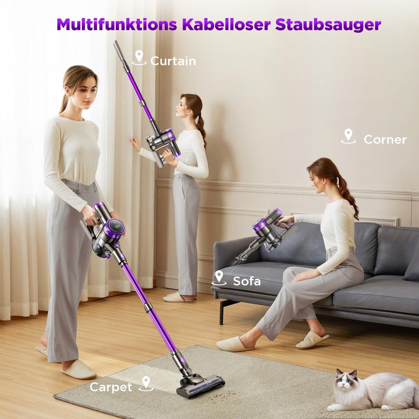 Suafsu Cordless Vacuum Cleaner 45000Pa 550W Handheld Vacuum - Up to 65 Min Runtime with LED Display and Anti Tangle Brush For Pet Hair Hard Floors Carpet
