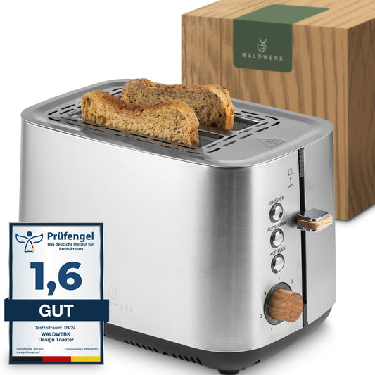 FORESTWORK Design Toaster - made of 304 stainless steel and oak wood - for 2 slices - with bun warming rack - with extra wide and deep toast slots - with crumb tray