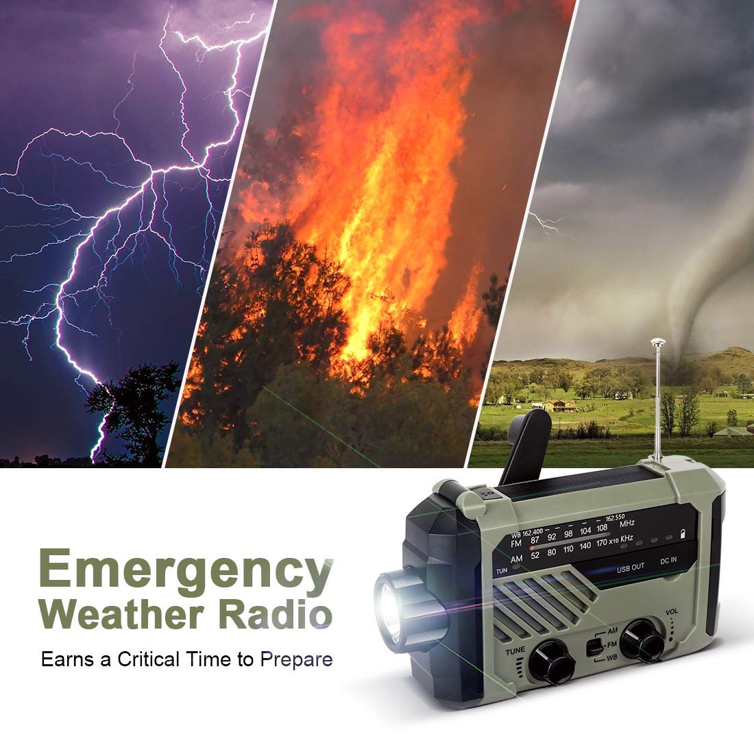 LAMA Solar Radio AM/FM crank radio emergency radio 2000mAh power bank USB rechargeable with hand crank dynamo LED lamp reading light SOS alarm for outdoor hiking camping survival travel emergency army green