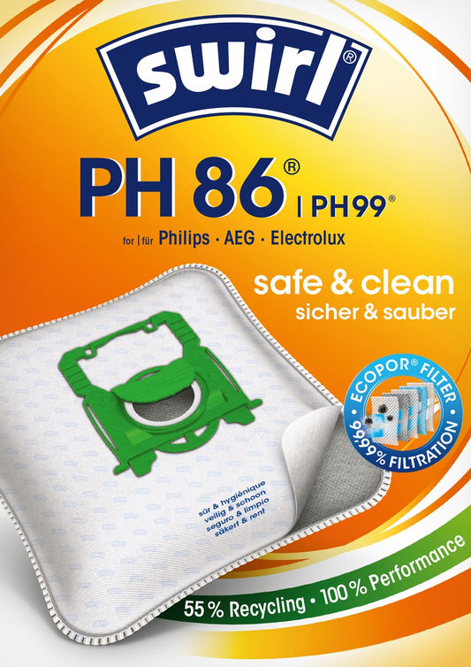 Swirl PH 86 EcoPor vacuum cleaner bags (10 bags), tear-resistant dust bags for some Philips, AEG, Electrolux & Volta vacuum cleaners, in environmentally friendly outer packaging, 99.9% filtration of household dust.