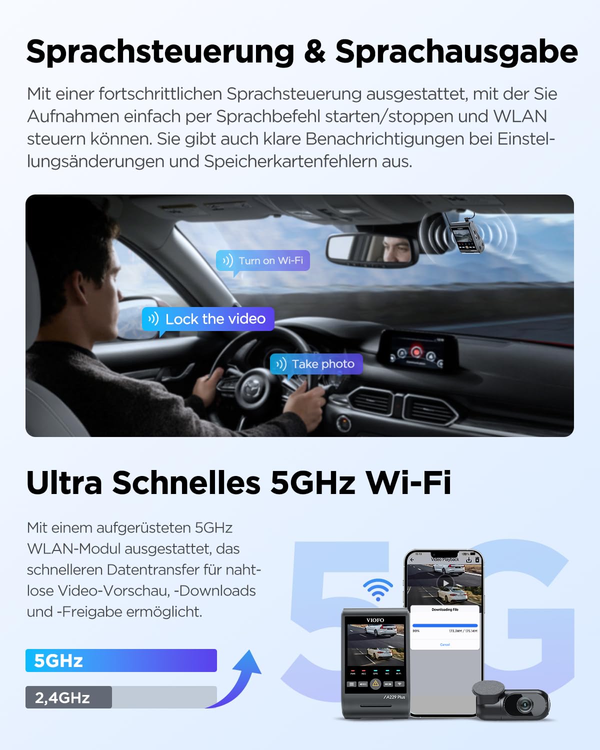 VIOFO A229 Plus 2K + 2K Dual STARVIS 2, HDR Front Rear Dashcam Car, Voice Control & 5GHz Wi-Fi Wireless Autocamera, Ultra-Precise GPS, Super Night Vision 2.0, 2.4" Large LCD, Voice Alerts, 512GB Max