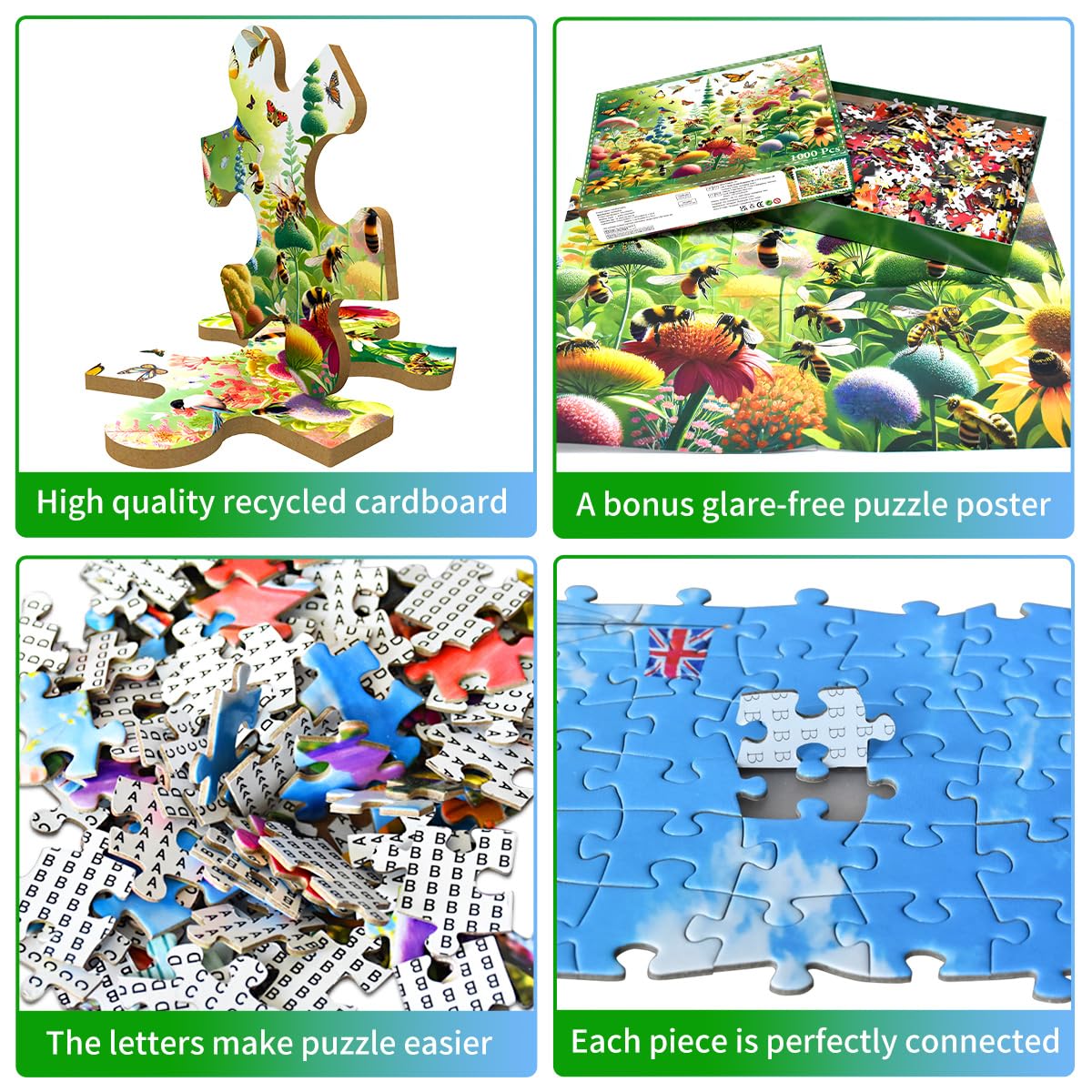 1000 piece puzzle for adults, colorful jigsaw puzzle featuring butterflies and bees. Great gift idea.