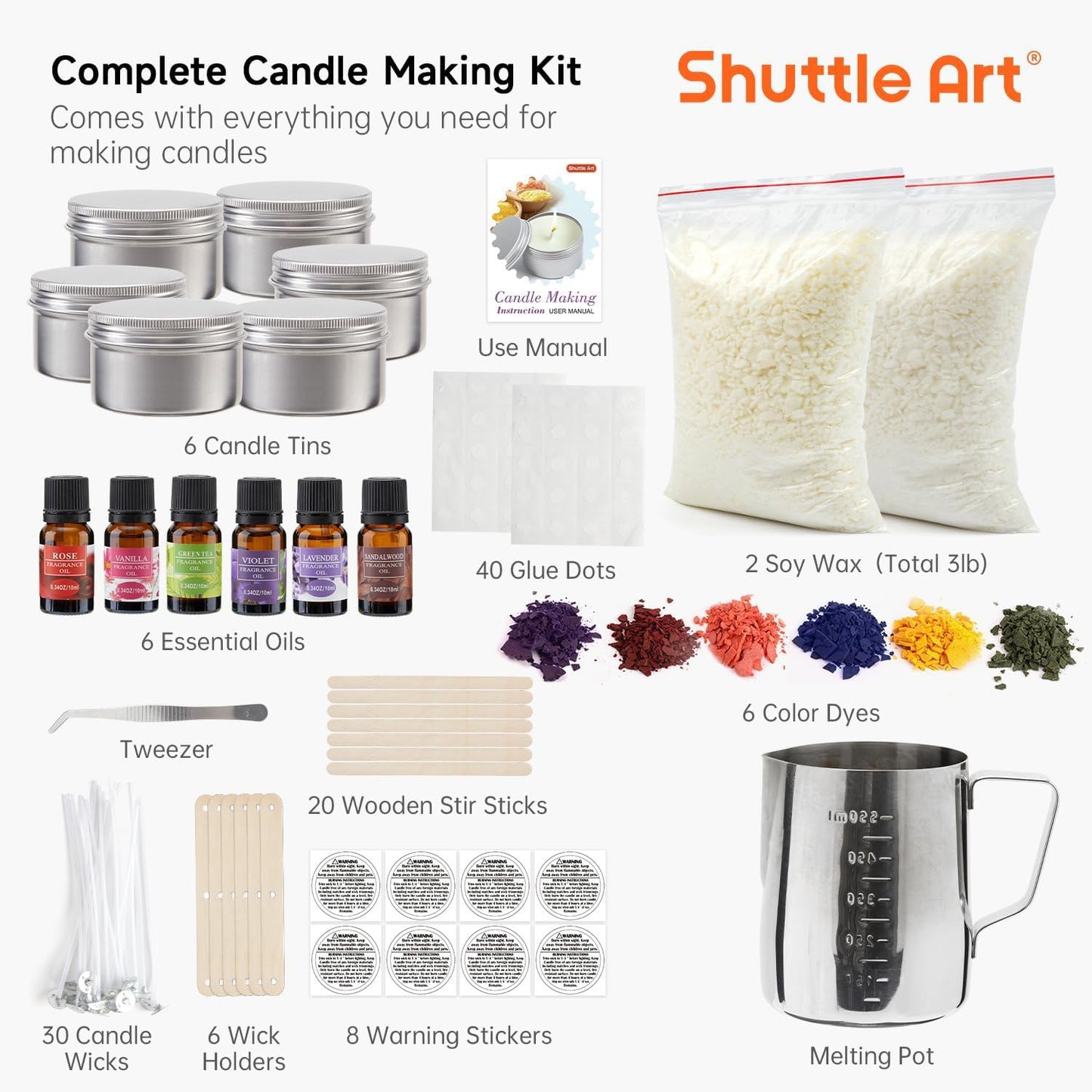 Shuttle Art DIY Candle Making Set with 3lbs Soy Wax, Melting Pot, Fragrance Oil, Wicks, Candle Tins, Dyes, Candle Wick Holder, Candle Making Kit, DIY Scented Candles.
