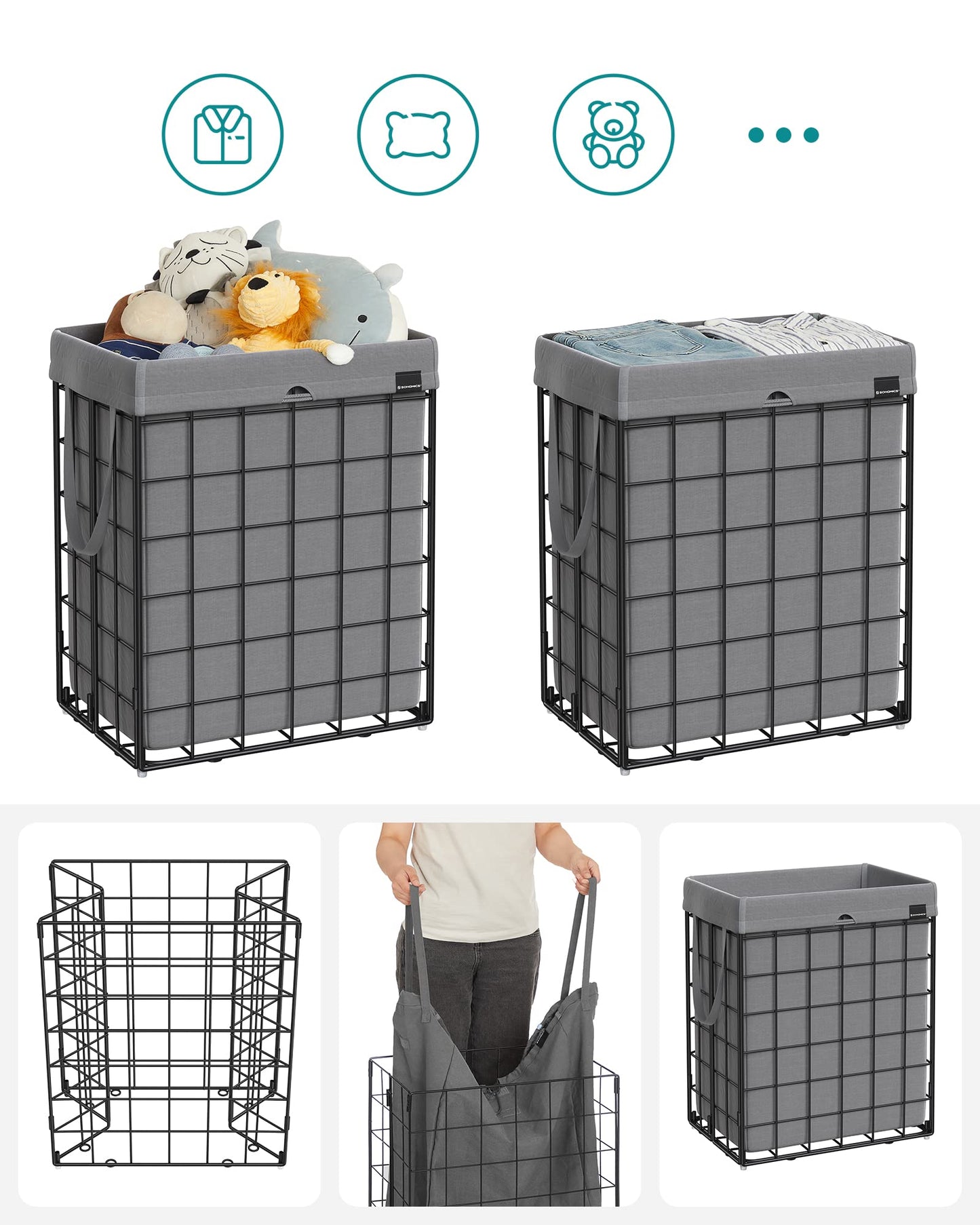 SONGMICS 90L Laundry Basket, foldable laundry hamper, detachable and washable laundry bag, metal wire frame, for bedroom, bathroom, laundry room, black-grey LCB190G01