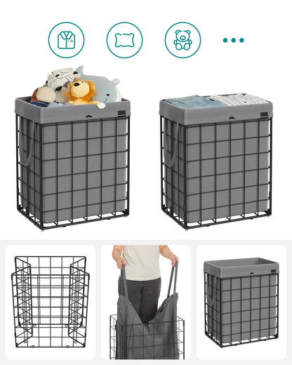 SONGMICS 90L Laundry Basket, foldable laundry hamper, detachable and washable laundry bag, metal wire frame, for bedroom, bathroom, laundry room, black-grey LCB190G01