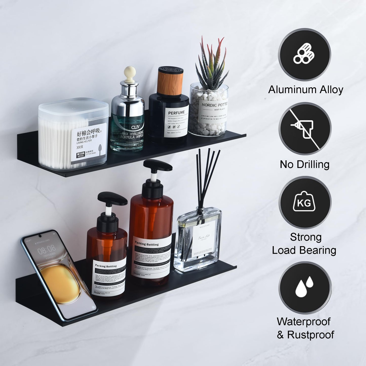 HNVNER Shower Caddy Without Drilling 2 Pieces, Metal Wall Shelf Black 40CM, Shampoo Holder for Shower, Floating Shelf for Storage for Bathroom, Living Room, Kitchen, Bedroom, Office