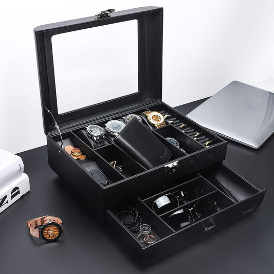 Seelux watch box for men with glass lid, lockable jewelry case for watches, rings, brooches, glasses. Gift for men, husband, boyfriend. Black.