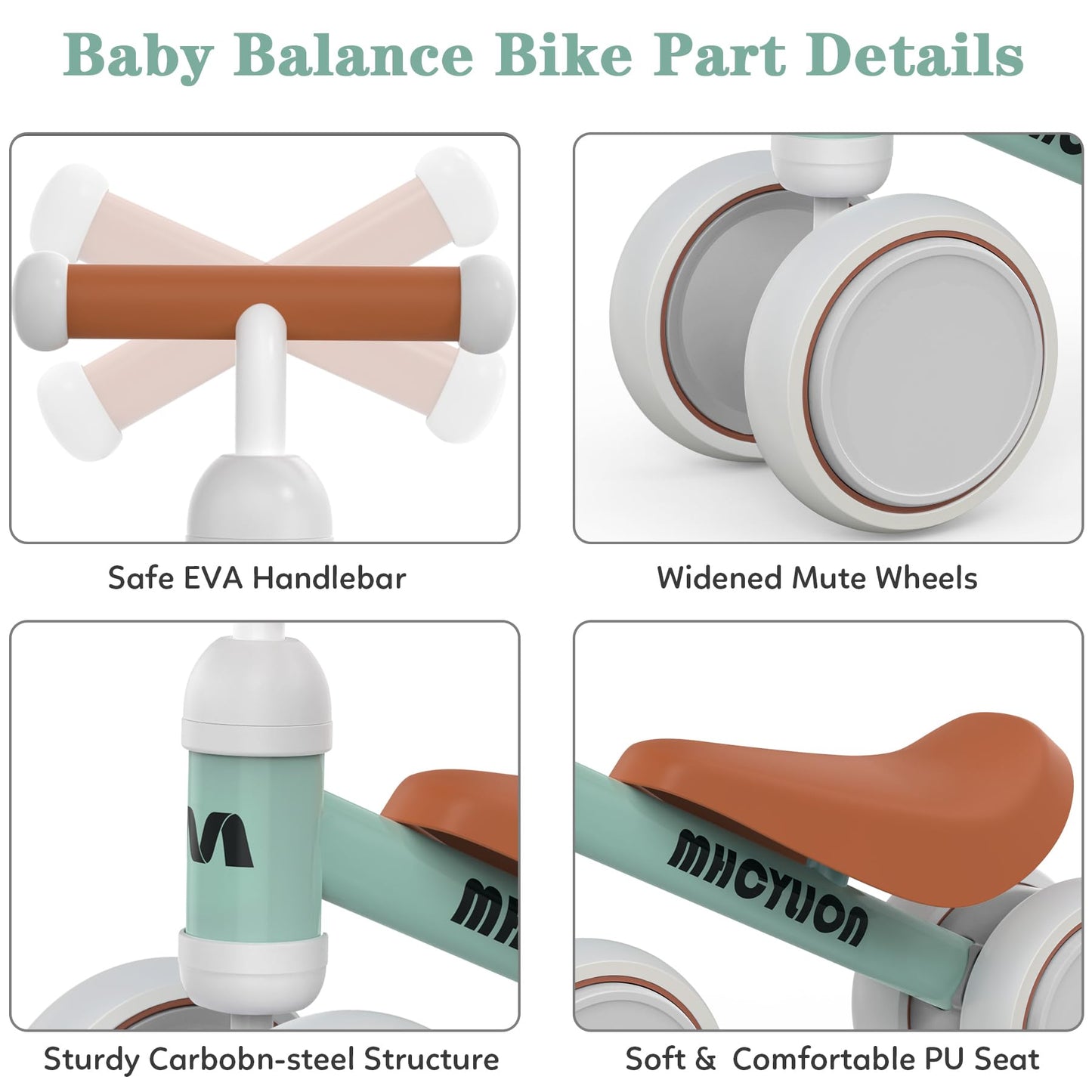 Toddler balance bike for 1 year and up, with 4 wheels for 10-24 month old babies. First ride-on bike for boys and girls as a gift - light green.