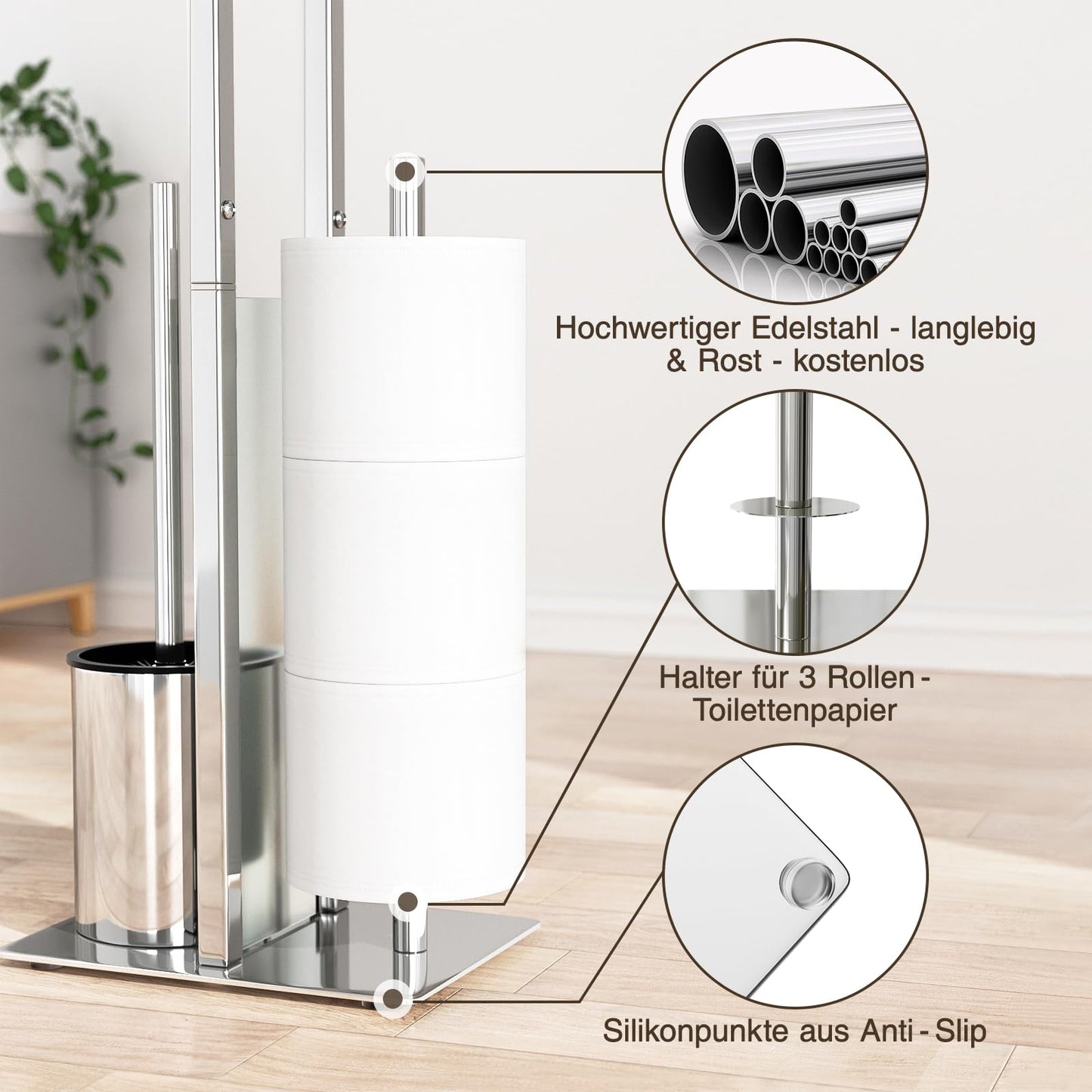 Stainless Steel Freestanding Toilet Paper Holder with Toilet Brush - Toilet Paper Holder with Tray, Toilet Paper Holder with Toilet Brush, Toilet Roll Holder with Glass Shelf (Silver)