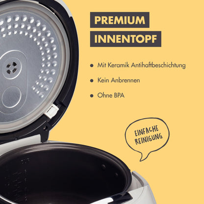 REISHUNGER Digital Rice Cooker & Steamer Gray | 1.5 L for up to 8 persons | Keep warm function, timer & premium inner pot | Multicooker, 12 programs, 7-phase technology